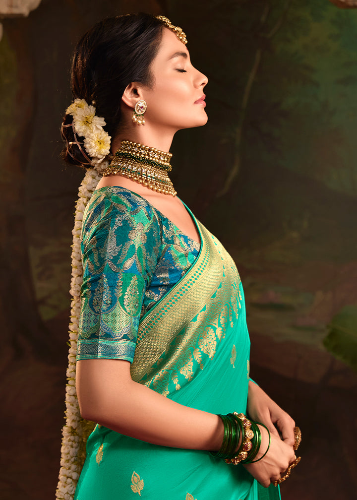 Buy Now Turquoise Pure Crepe Dola Silk Wedding Festive Saree Online in Canada, UK, France, Germany, USA & Worldwide at Empress Clothing. 