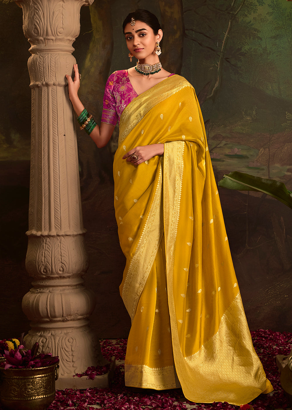 Buy Now Yellow Pure Crepe Dola Silk Wedding Festive Saree Online in Canada, UK, France, Germany, USA & Worldwide at Empress Clothing.