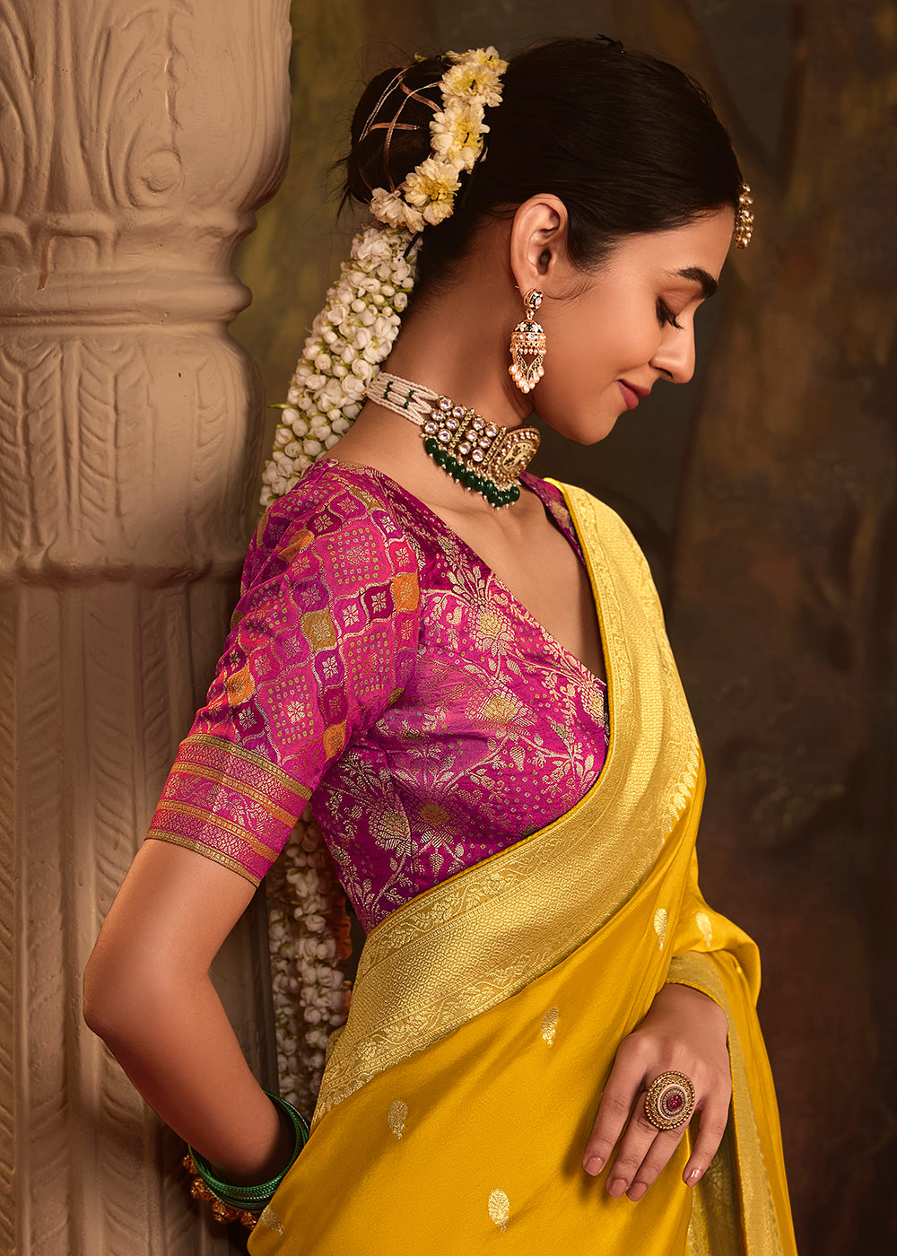 Buy Now Yellow Pure Crepe Dola Silk Wedding Festive Saree Online in Canada, UK, France, Germany, USA & Worldwide at Empress Clothing.