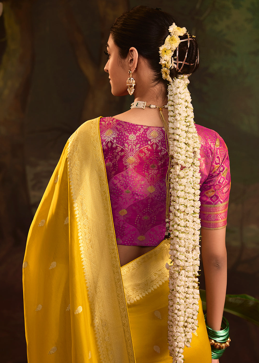 Buy Now Yellow Pure Crepe Dola Silk Wedding Festive Saree Online in Canada, UK, France, Germany, USA & Worldwide at Empress Clothing.