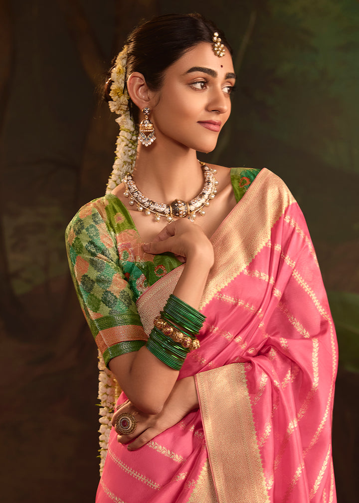 Buy Now Pink Pure Crepe Dola Silk Wedding Festive Saree Online in Canada, UK, France, Germany, USA & Worldwide at Empress Clothing.