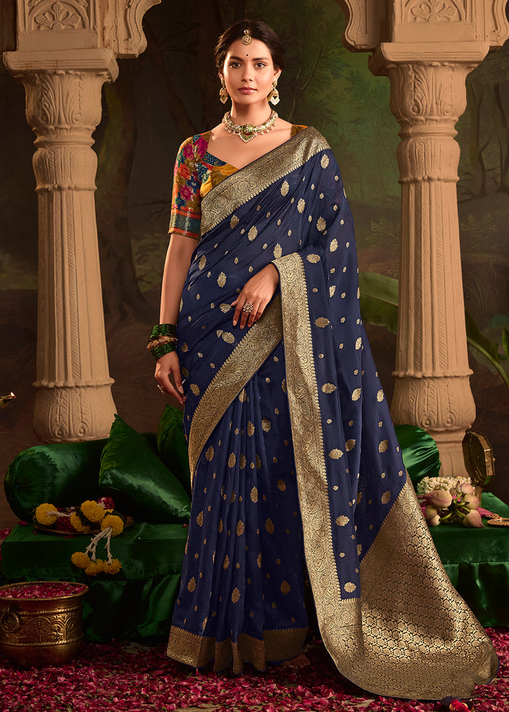 Buy Now Navy Blue Pure Crepe Dola Silk Wedding Festive Saree Online in Canada, UK, France, Germany, USA & Worldwide at Empress Clothing.