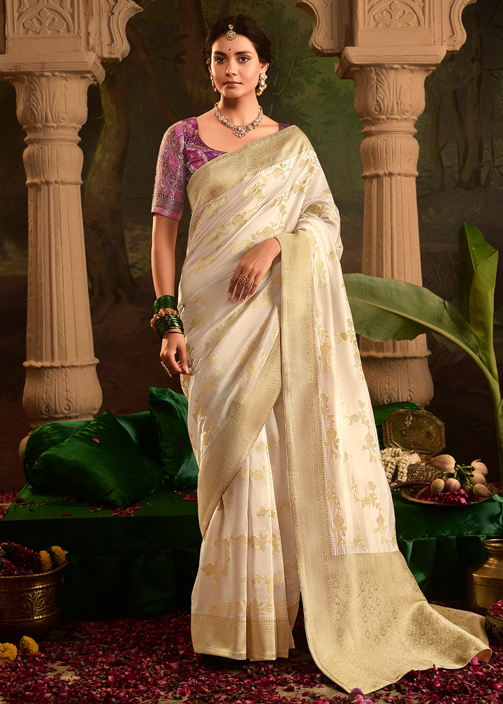 Buy Now Off White Pure Crepe Dola Silk Wedding Festive Saree Online in Canada, UK, France, Germany, USA & Worldwide at Empress Clothing.