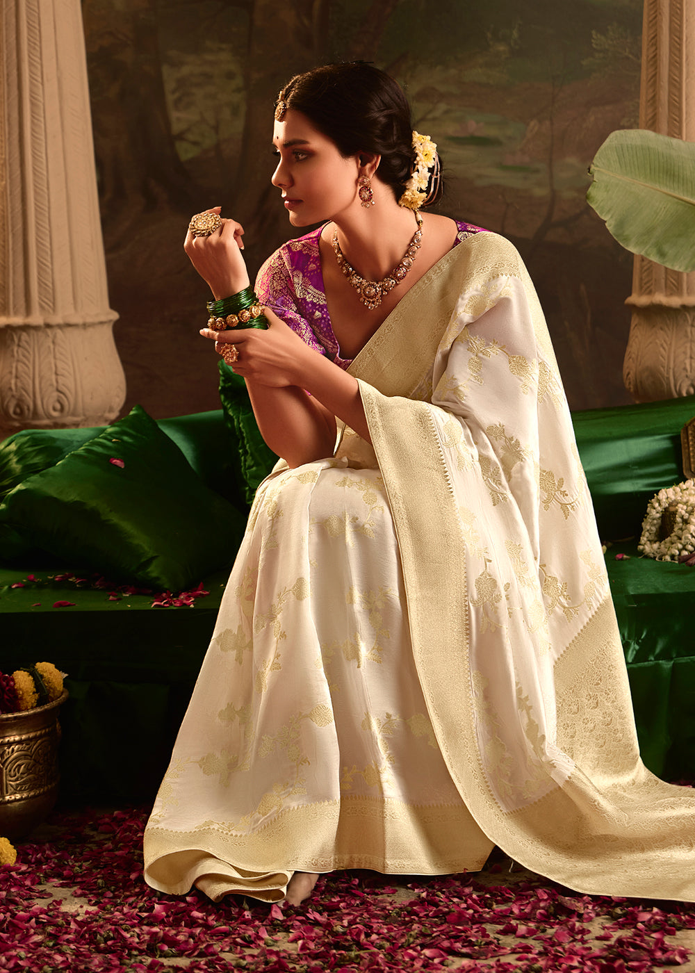 Buy Now Off White Pure Crepe Dola Silk Wedding Festive Saree Online in Canada, UK, France, Germany, USA & Worldwide at Empress Clothing.