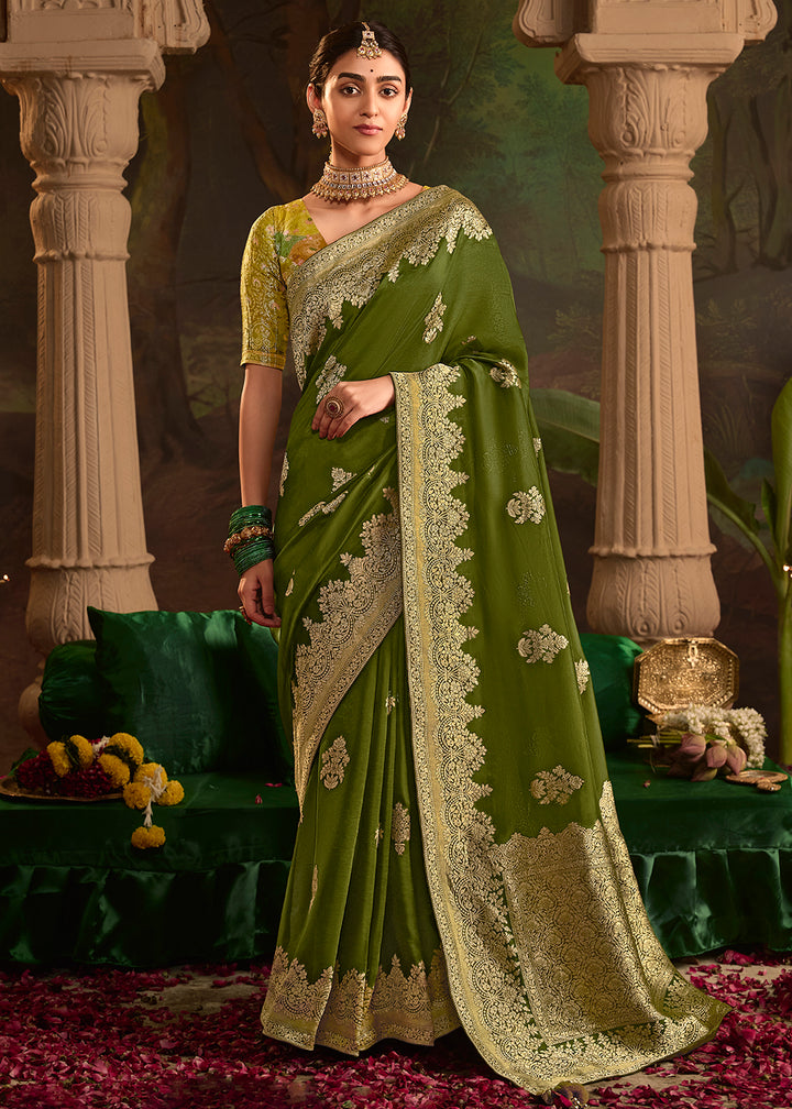 Buy Now Green Pure Crepe Dola Silk Wedding Festive Saree Online in Canada, UK, France, Germany, USA & Worldwide at Empress Clothing.