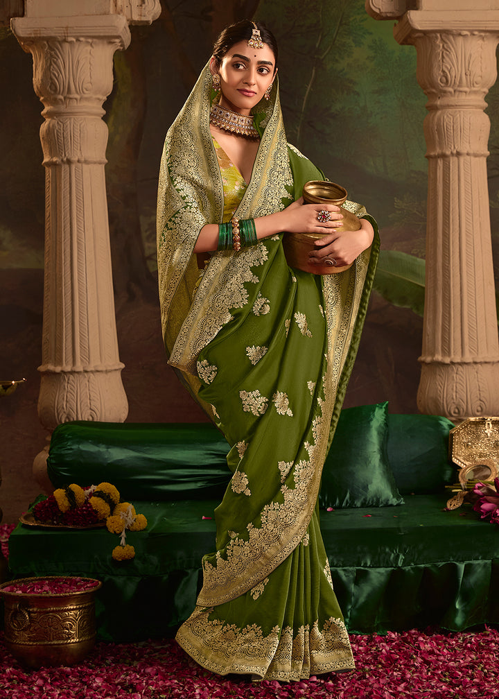 Buy Now Green Pure Crepe Dola Silk Wedding Festive Saree Online in Canada, UK, France, Germany, USA & Worldwide at Empress Clothing.