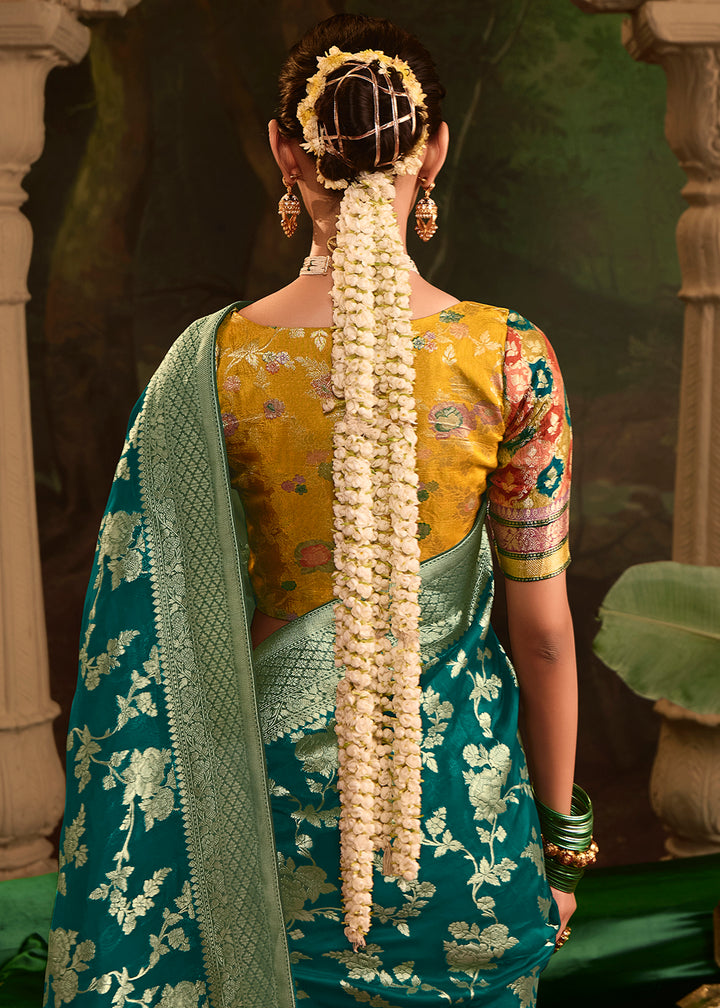 Buy Now Teal Green Pure Crepe Dola Silk Wedding Festive Saree Online in Canada, UK, France, Germany, USA & Worldwide at Empress Clothing. 