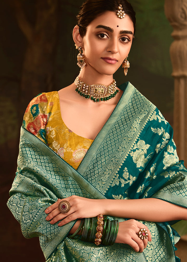 Buy Now Teal Green Pure Crepe Dola Silk Wedding Festive Saree Online in Canada, UK, France, Germany, USA & Worldwide at Empress Clothing. 