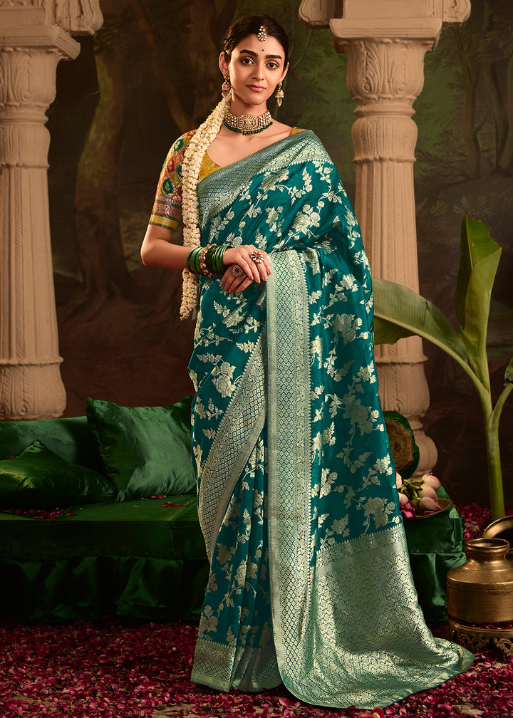 Buy Now Teal Green Pure Crepe Dola Silk Wedding Festive Saree Online in Canada, UK, France, Germany, USA & Worldwide at Empress Clothing. 