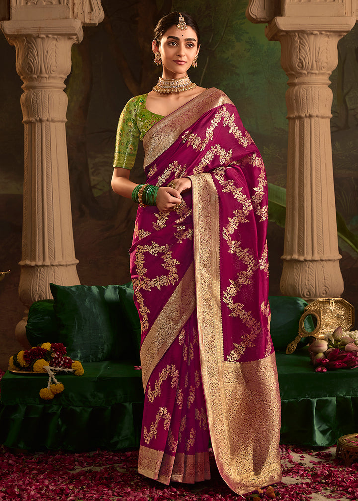 Buy Now Magenta Pure Crepe Dola Silk Wedding Festive Saree Online in Canada, UK, France, Germany, USA & Worldwide at Empress Clothing. 