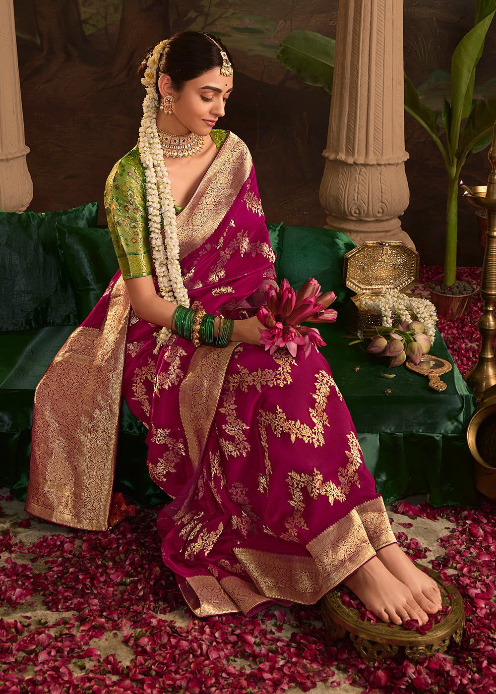 Buy Now Magenta Pure Crepe Dola Silk Wedding Festive Saree Online in Canada, UK, France, Germany, USA & Worldwide at Empress Clothing. 