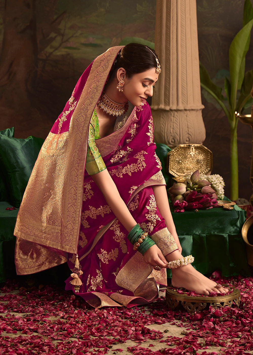 Buy Now Magenta Pure Crepe Dola Silk Wedding Festive Saree Online in Canada, UK, France, Germany, USA & Worldwide at Empress Clothing. 