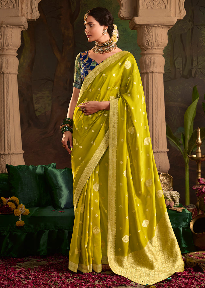 Buy Now Parrot Green Pure Crepe Dola Silk Wedding Festive Saree Online in Canada, UK, France, Germany, USA & Worldwide at Empress Clothing.