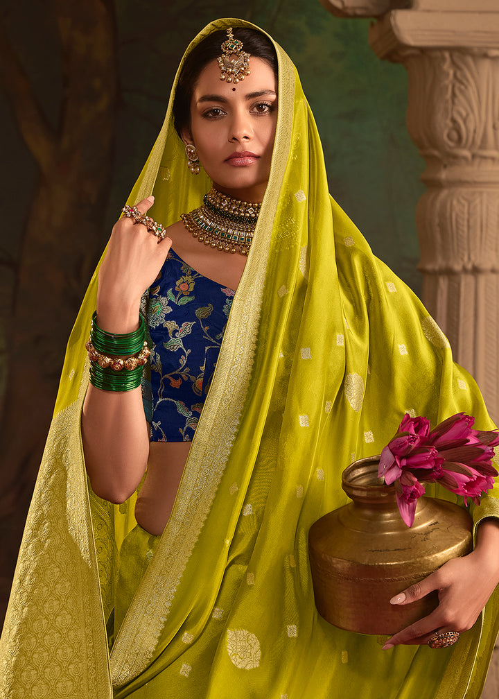 Buy Now Parrot Green Pure Crepe Dola Silk Wedding Festive Saree Online in Canada, UK, France, Germany, USA & Worldwide at Empress Clothing.