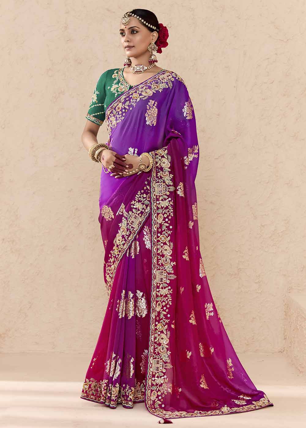 Buy Now Purple & Green Fancy Fabric Embroidred Designer Saree Online in Canada, UK, France, Germany, USA & Worldwide at Empress Clothing.