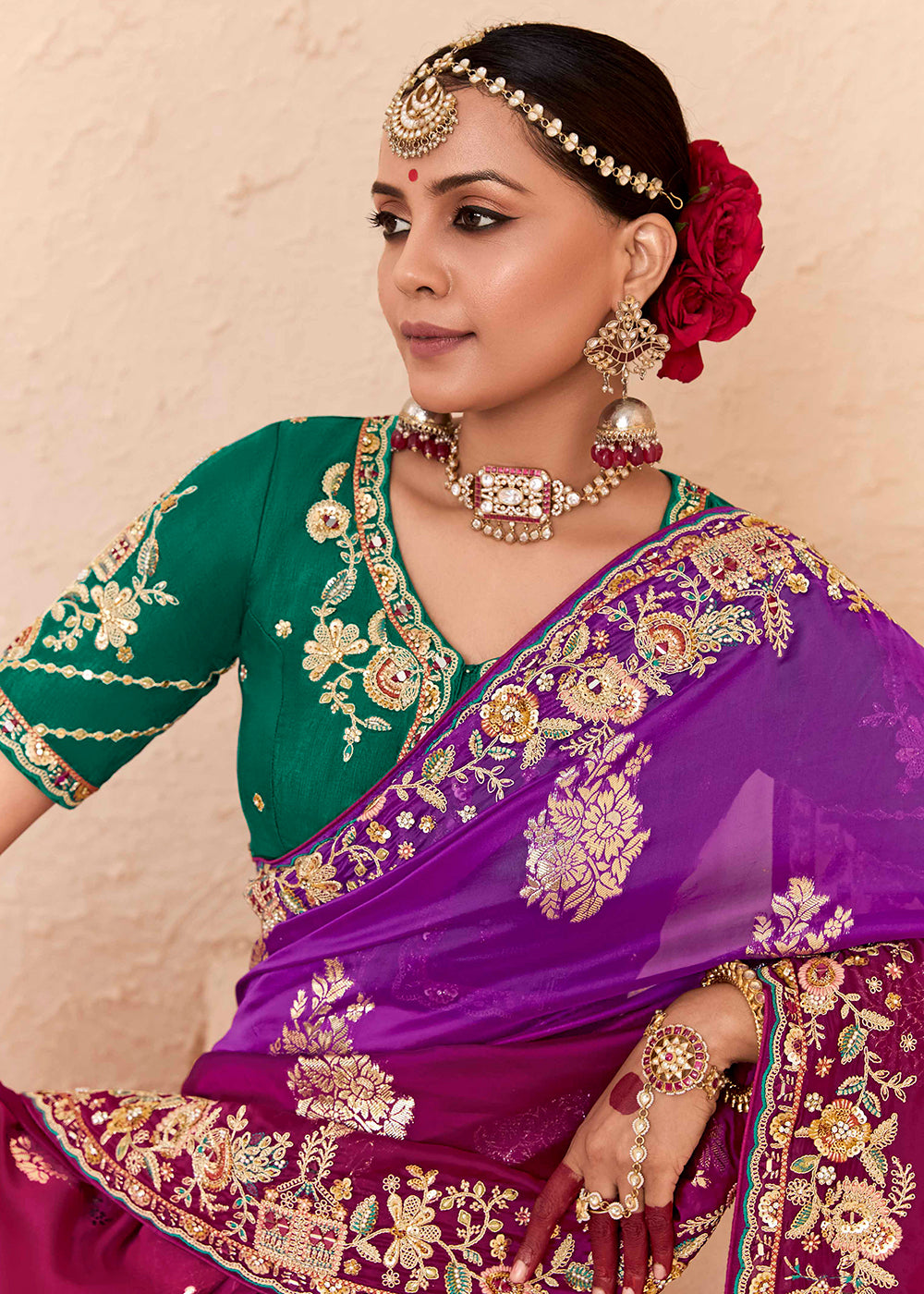 Buy Now Purple & Green Fancy Fabric Embroidred Designer Saree Online in Canada, UK, France, Germany, USA & Worldwide at Empress Clothing.