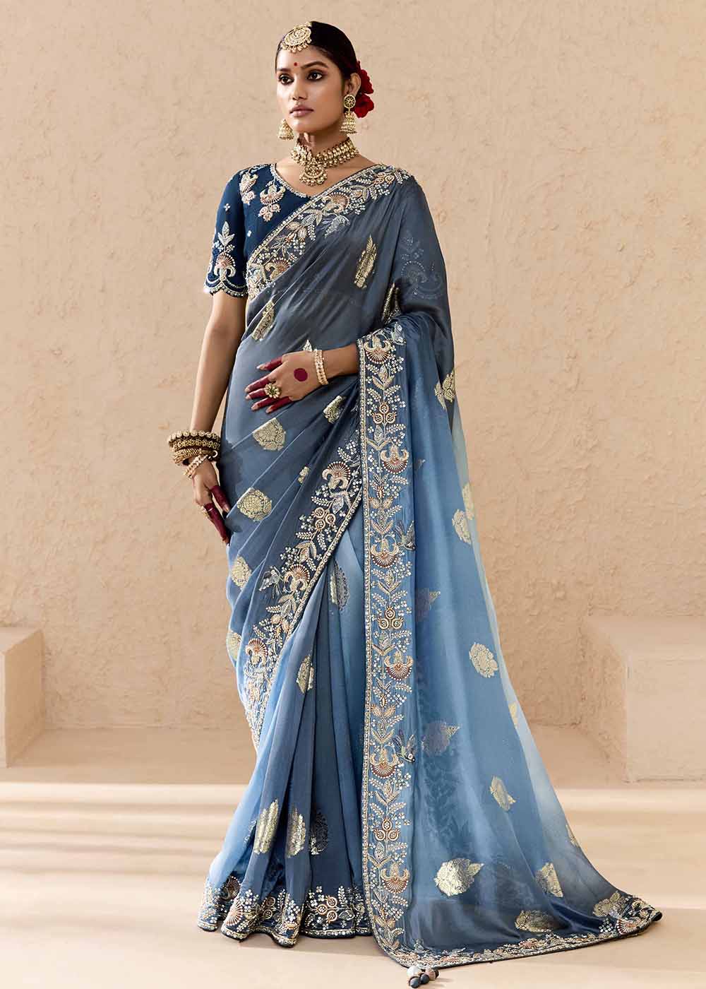 Buy Now Sky Blue Fancy Fabric Embroidred Designer Saree Online in Canada, UK, France, Germany, USA, Italy & Worldwide at Empress Clothing.