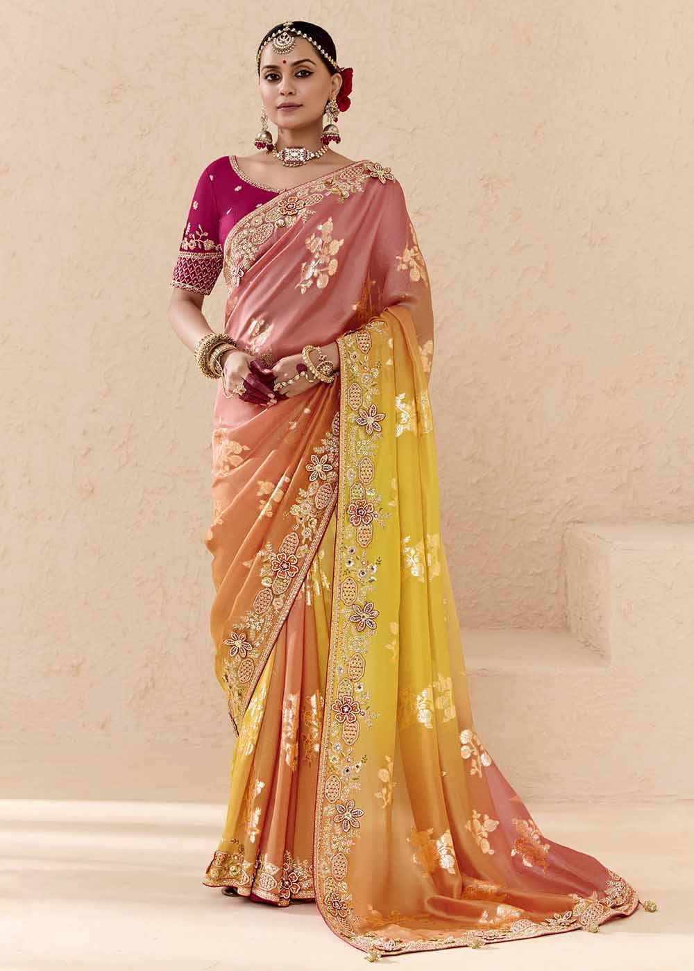 Buy Now Peach & Pink Fancy Fabric Embroidred Designer Saree Online in Canada, UK, France, Germany, USA & Worldwide at Empress Clothing.