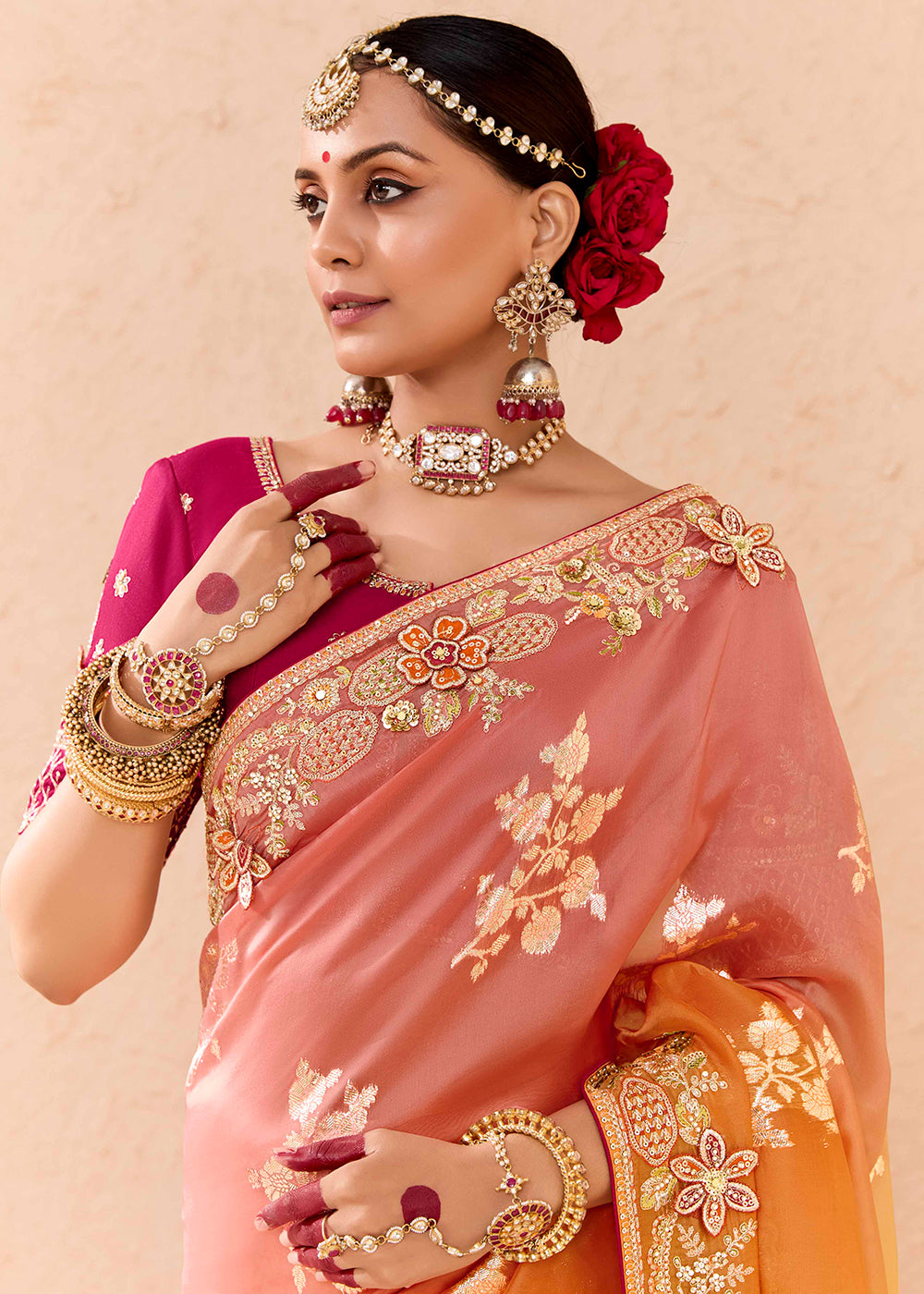 Buy Now Peach & Pink Fancy Fabric Embroidred Designer Saree Online in Canada, UK, France, Germany, USA & Worldwide at Empress Clothing.