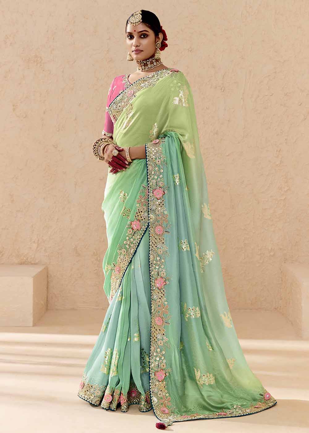 Buy Now Green & Pink Fancy Fabric Embroidred Designer Saree Online in Canada, UK, France, Germany, USA & Worldwide at Empress Clothing.