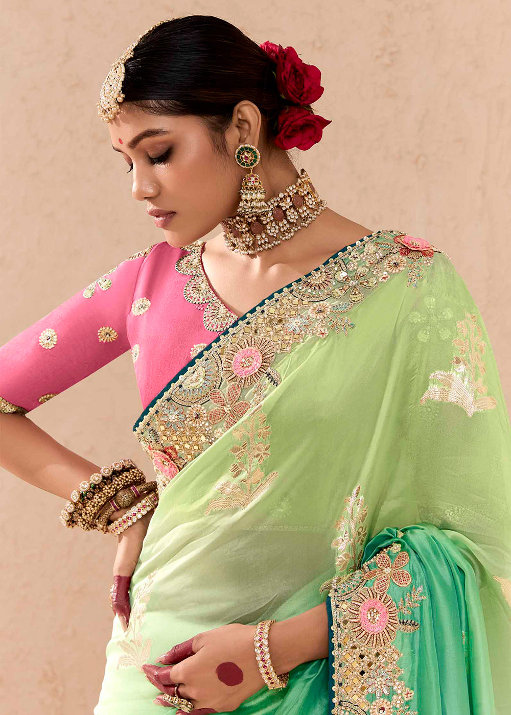 Buy Now Green & Pink Fancy Fabric Embroidred Designer Saree Online in Canada, UK, France, Germany, USA & Worldwide at Empress Clothing.