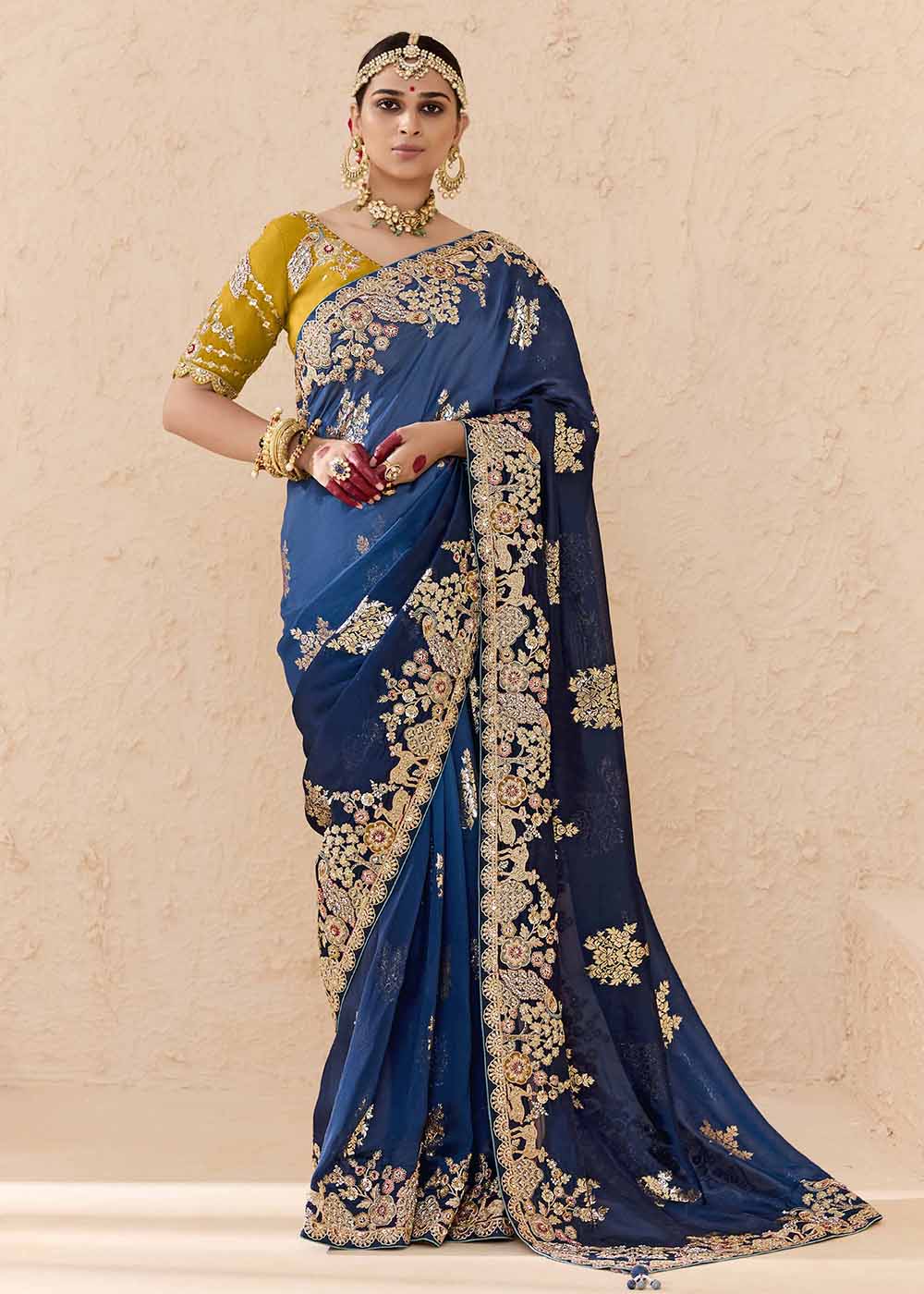 Buy Now Blue & Mustard Fancy Fabric Embroidred Designer Saree Online in Canada, UK, France, Germany, USA & Worldwide at Empress Clothing.