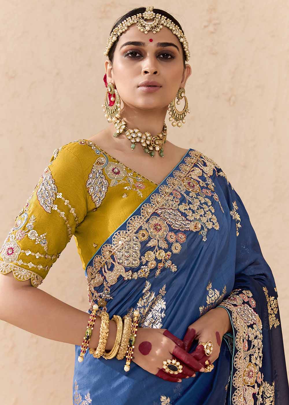 Buy Now Blue & Mustard Fancy Fabric Embroidred Designer Saree Online in Canada, UK, France, Germany, USA & Worldwide at Empress Clothing.