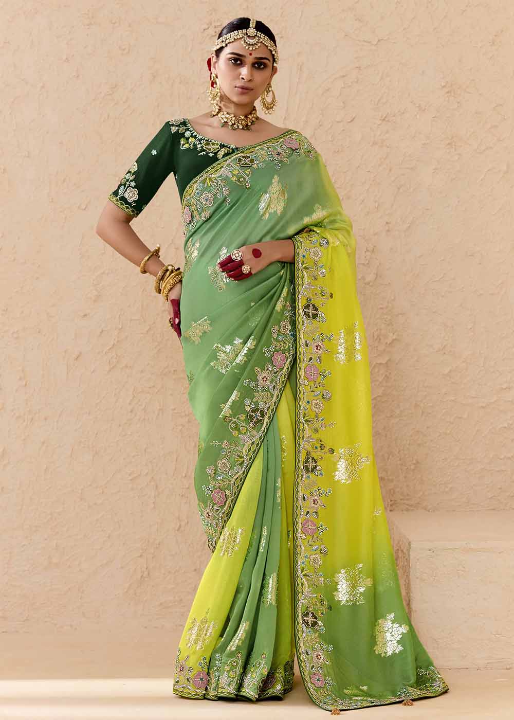 Buy Now Multi Green Fancy Fabric Embroidred Designer Saree Online in Canada, UK, France, Germany, USA & Worldwide at Empress Clothing.