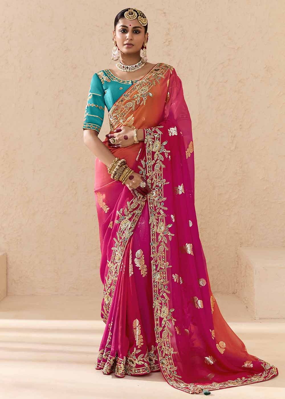 Buy Now Pink & Blue Fancy Fabric Embroidred Designer Saree Online in Canada, UK, France, Germany, USA & Worldwide at Empress Clothing.