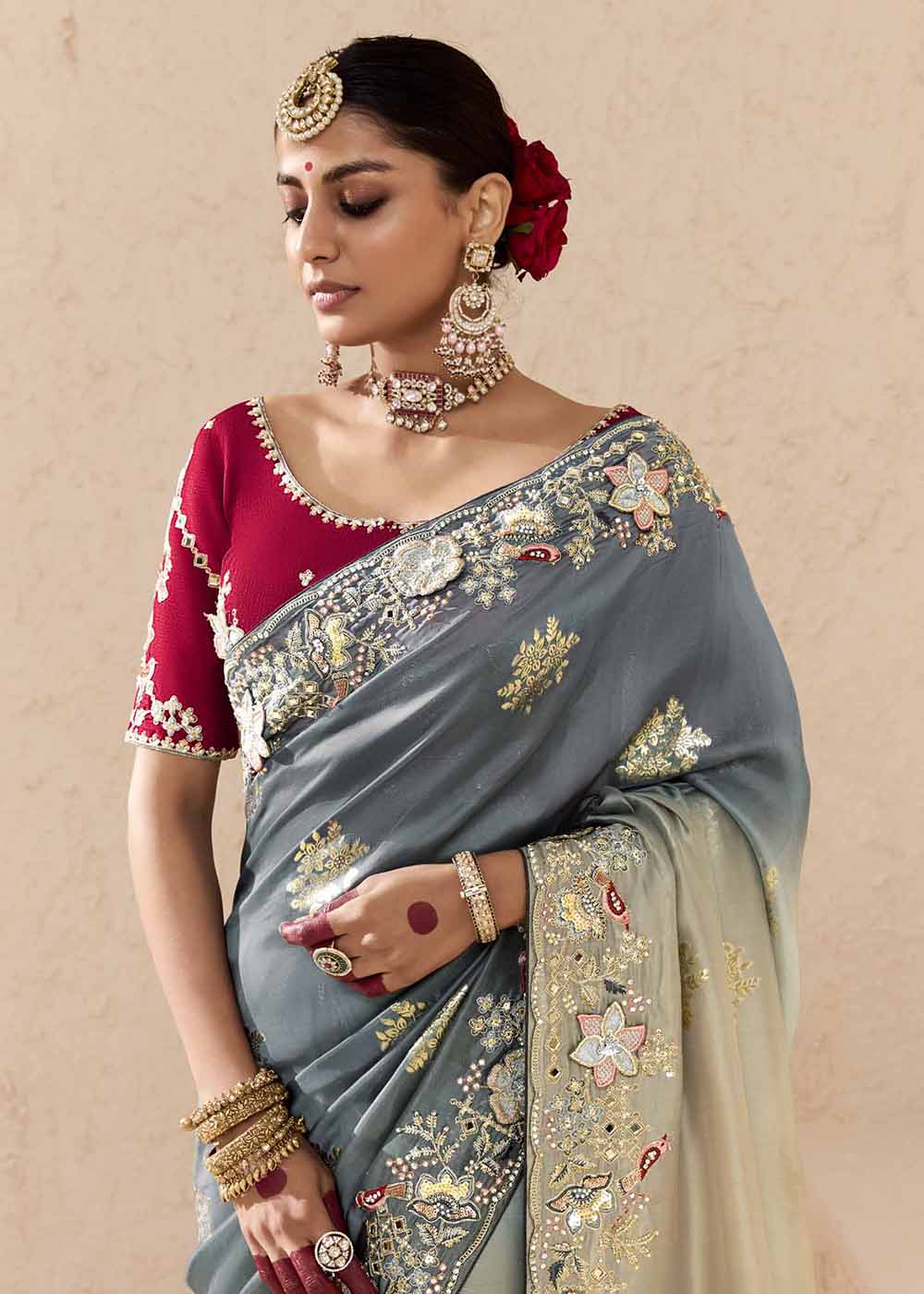 Buy Now Grey & Red Fancy Fabric Embroidred Designer Saree Online in Canada, UK, France, Germany, USA & Worldwide at Empress Clothing.