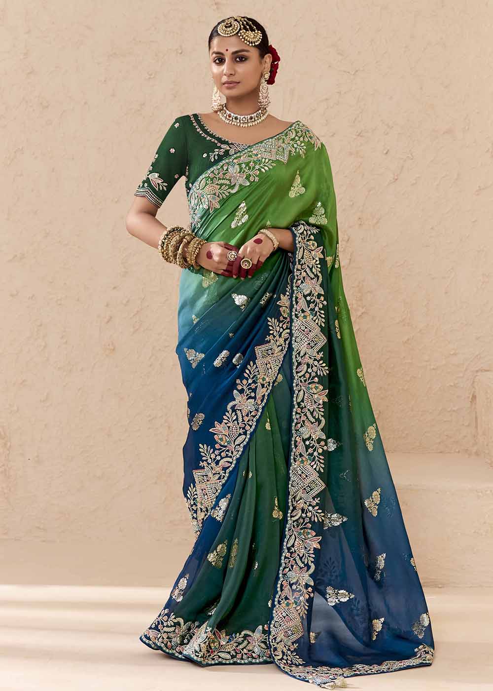 Buy Now Green & Blue Fancy Fabric Embroidred Designer Saree Online in Canada, UK, France, Germany, USA & Worldwide at Empress Clothing. 