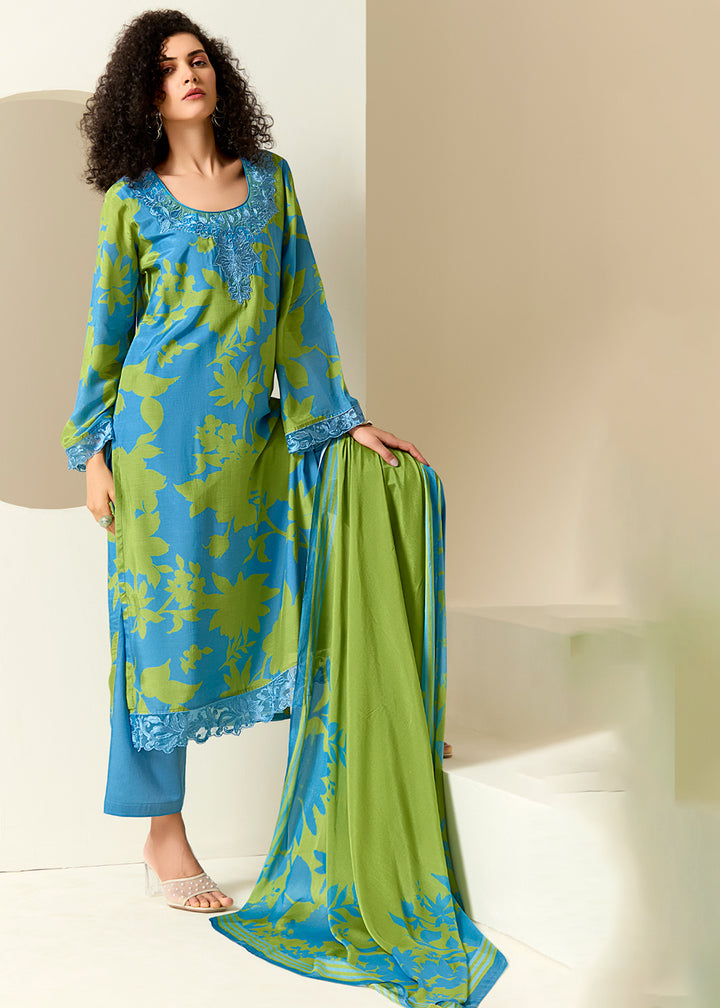Buy Now Blue Pure Muslin Floral Printed Trendy Salwar Suit Online in US, UK, Canada, Germany, Italy, France, Australia, Norway, UAE & Worldwide at Empress.