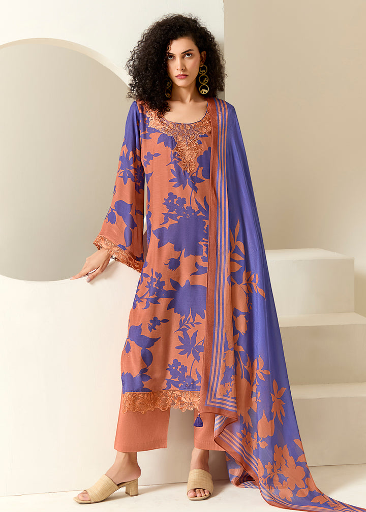 Buy Now Peach Pure Muslin Floral Printed Trendy Salwar Suit Online in US, UK, Canada, Germany, Italy, France, Australia, Norway, UAE & Worldwide at Empress.