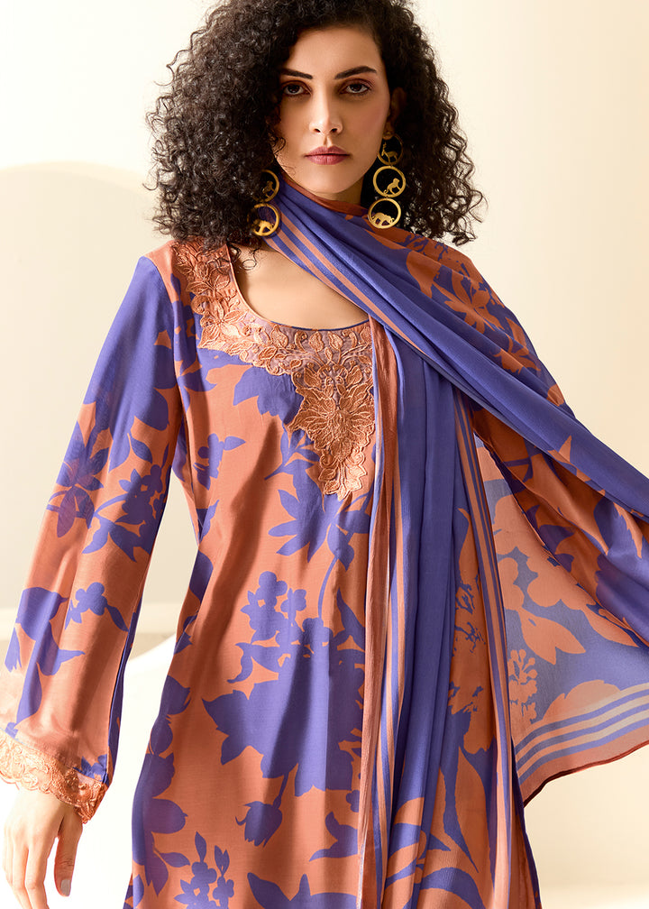 Buy Now Peach Pure Muslin Floral Printed Trendy Salwar Suit Online in US, UK, Canada, Germany, Italy, France, Australia, Norway, UAE & Worldwide at Empress.
