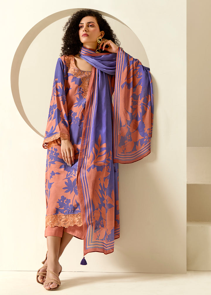Buy Now Peach Pure Muslin Floral Printed Trendy Salwar Suit Online in US, UK, Canada, Germany, Italy, France, Australia, Norway, UAE & Worldwide at Empress.