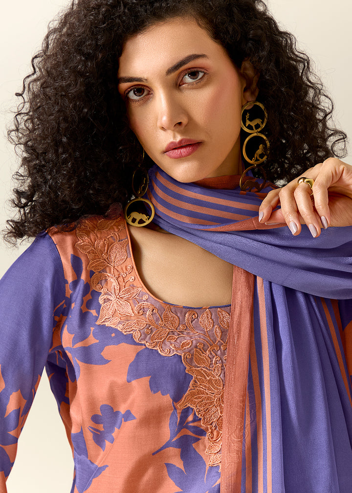 Buy Now Peach Pure Muslin Floral Printed Trendy Salwar Suit Online in US, UK, Canada, Germany, Italy, France, Australia, Norway, UAE & Worldwide at Empress.