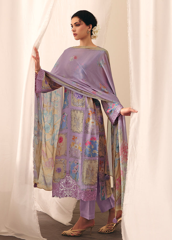 Buy Now Purple Floral Printed Muslin Pant Style Salwar Suit Online in US, UK, Canada, Germany, Italy, France, Australia, UAE & Worldwide at Empress Clothing.