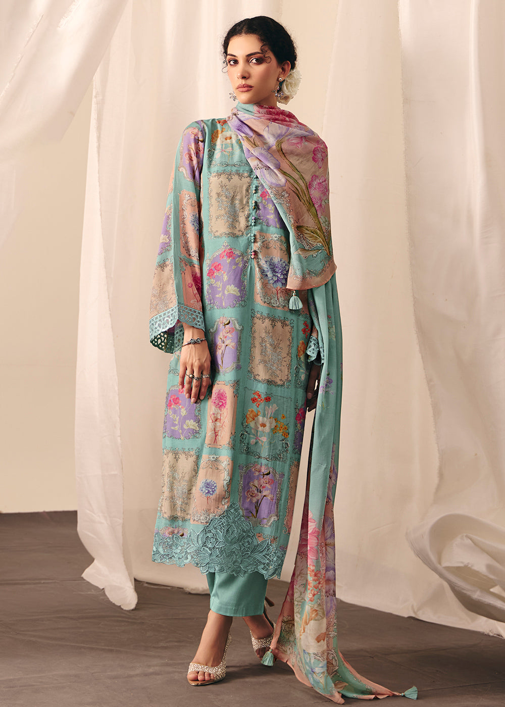 Buy Now Blue Floral Printed Muslin Pant Style Salwar Suit Online in US, UK, Canada, Germany, Italy, France, Australia, Denmark & Worldwide at Empress Clothing.
