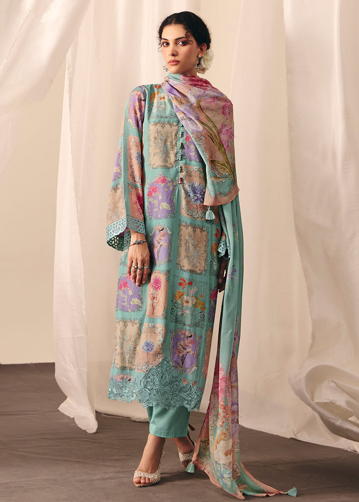 Buy Now Blue Floral Printed Muslin Pant Style Salwar Suit Online in US, UK, Canada, Germany, Italy, France, Australia, Denmark & Worldwide at Empress Clothing.