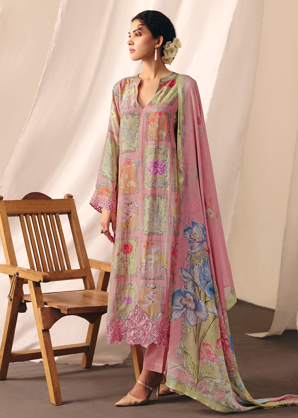 Buy Now Pink Floral Printed Muslin Pant Style Salwar Suit Online in US, UK, Canada, Germany, Italy, France, Australia, Denmark & Worldwide at Empress Clothing.