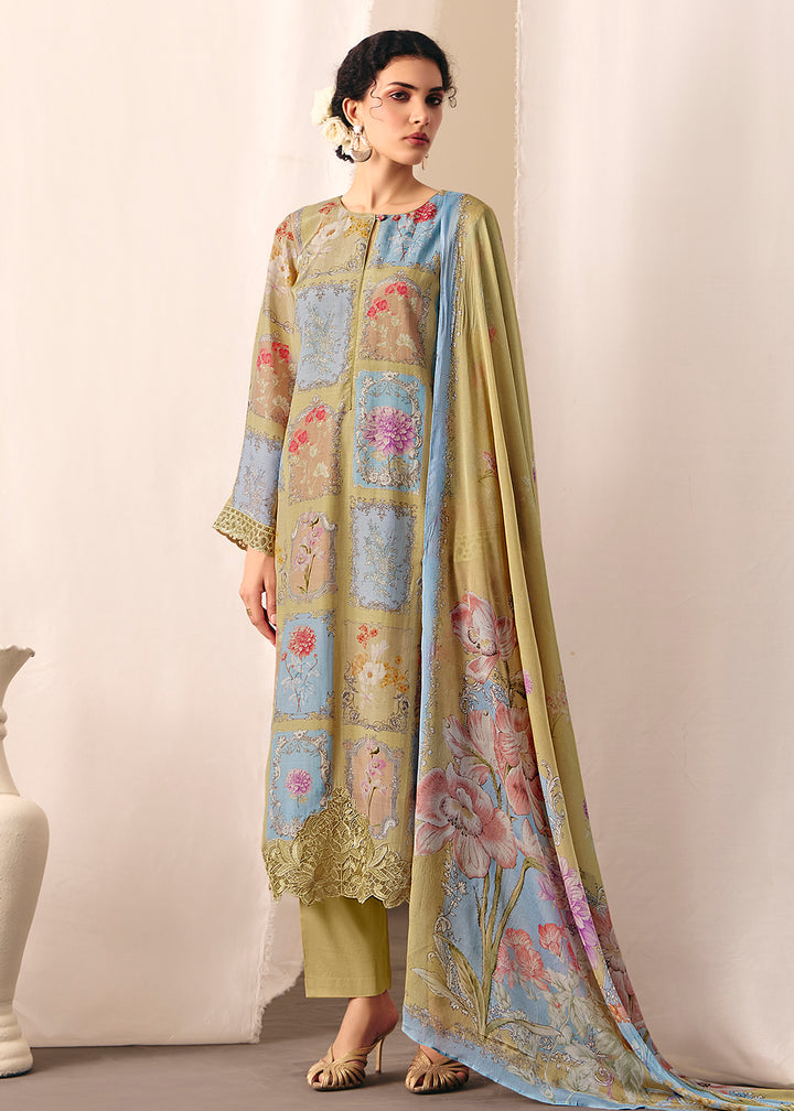 Buy Now Green Floral Printed Muslin Pant Style Salwar Suit Online in US, UK, Canada, Germany, Italy, France, Australia, Denmark & Worldwide at Empress Clothing.