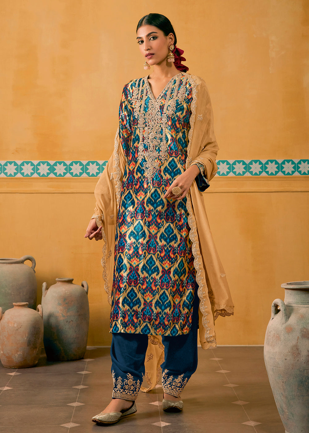 Buy Now Teal Blue Multicolor Digital Printed Embroidered Velvet Salwar Suit Online in USA, UK, Canada, Germany, Australia & Worldwide at Empress Clothing. 