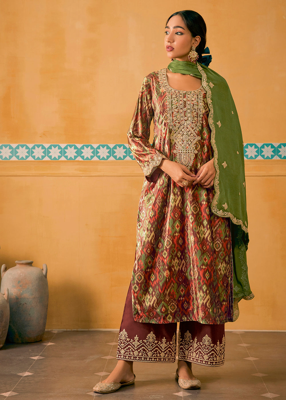 Buy Now Brown Multicolor Digital Printed Embroidered Velvet Salwar Suit Online in USA, UK, Canada, Germany, Australia & Worldwide at Empress Clothing. 