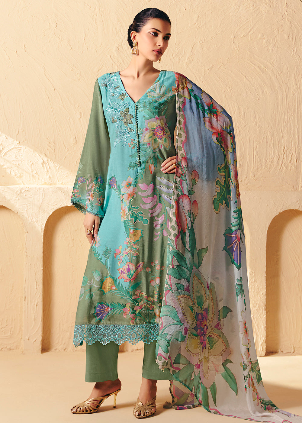 Buy Now Trendy Aqua Blue Printed Pant Style Salwar Suit Online in US, UK, Canada, Germany, Italy, France, Australia, Denmark & Worldwide at Empress Clothing.