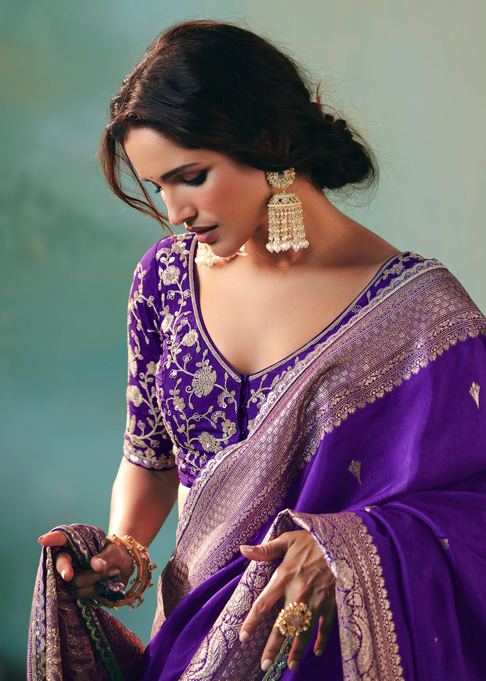 Buy Fancy Violet Premium Dola Viscose Silk Wedding Wear Saree Online in US, UK, Canada, France, Germany, Denmark, Spain, Belgium, Sweden & Worldwide at Empress.