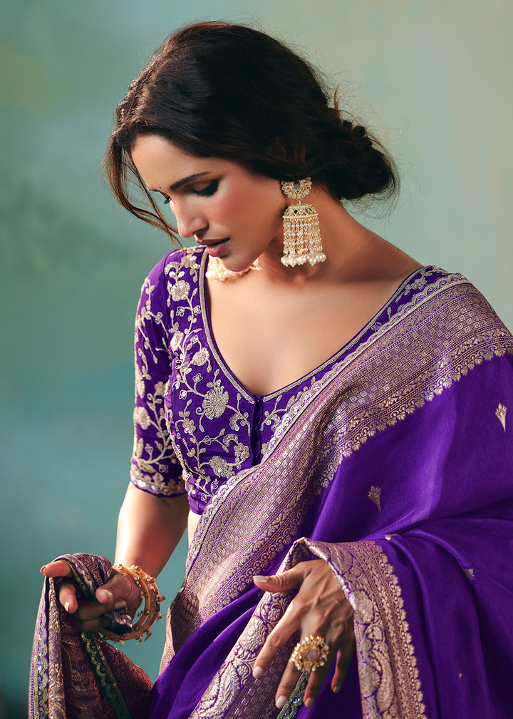 Buy Fancy Violet Premium Dola Viscose Silk Wedding Wear Saree Online in US, UK, Canada, France, Germany, Denmark, Spain, Belgium, Sweden & Worldwide at Empress.