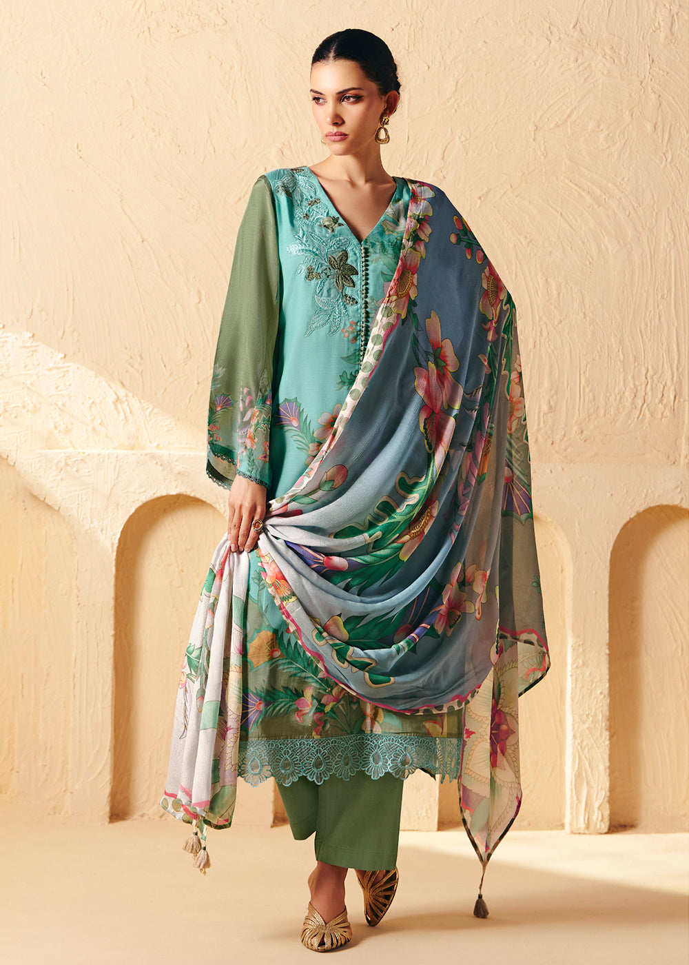 Buy Now Trendy Aqua Blue Printed Pant Style Salwar Suit Online in US, UK, Canada, Germany, Italy, France, Australia, Denmark & Worldwide at Empress Clothing.