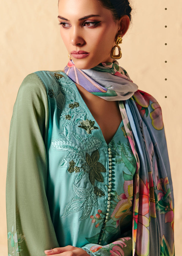 Buy Now Trendy Aqua Blue Printed Pant Style Salwar Suit Online in US, UK, Canada, Germany, Italy, France, Australia, Denmark & Worldwide at Empress Clothing.