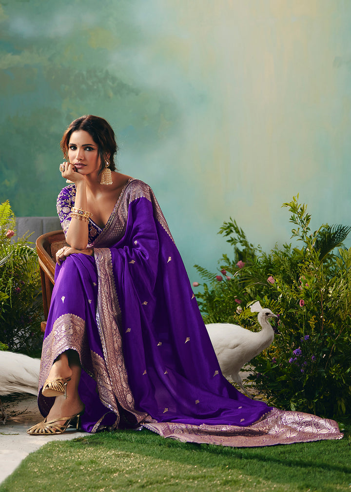 Buy Fancy Violet Premium Dola Viscose Silk Wedding Wear Saree Online in US, UK, Canada, France, Germany, Denmark, Spain, Belgium, Sweden & Worldwide at Empress.