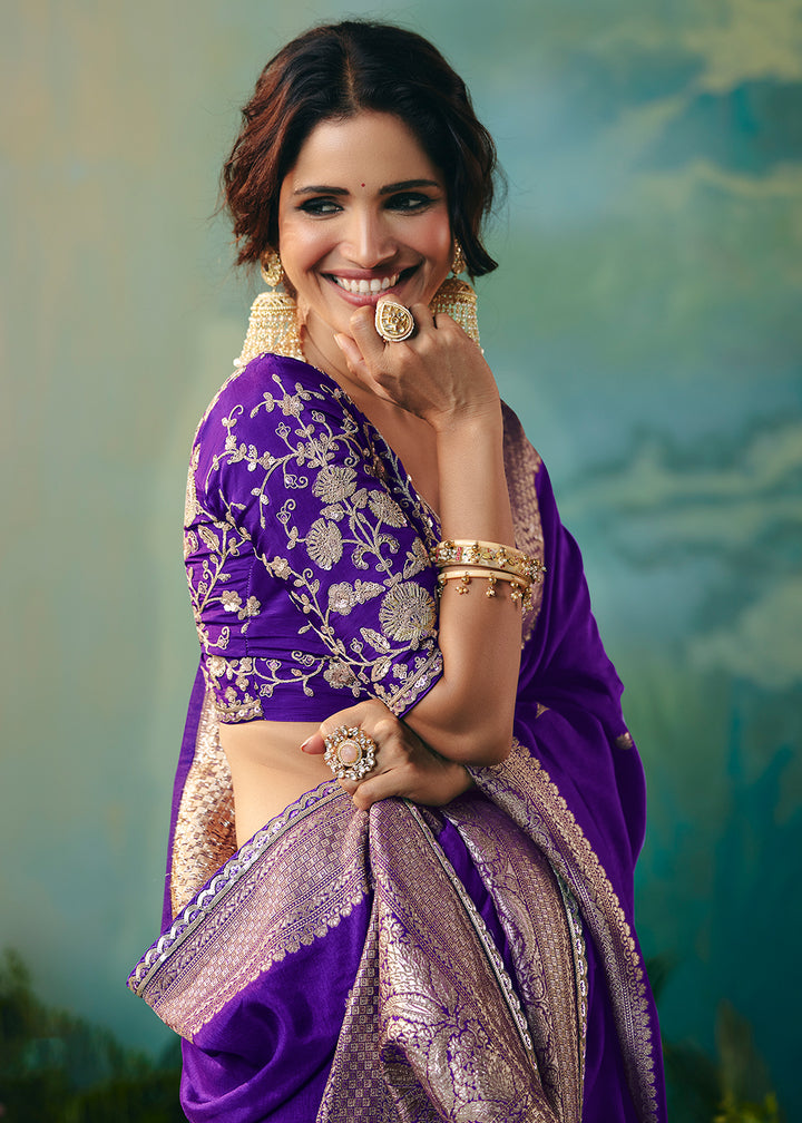 Buy Fancy Violet Premium Dola Viscose Silk Wedding Wear Saree Online in US, UK, Canada, France, Germany, Denmark, Spain, Belgium, Sweden & Worldwide at Empress.